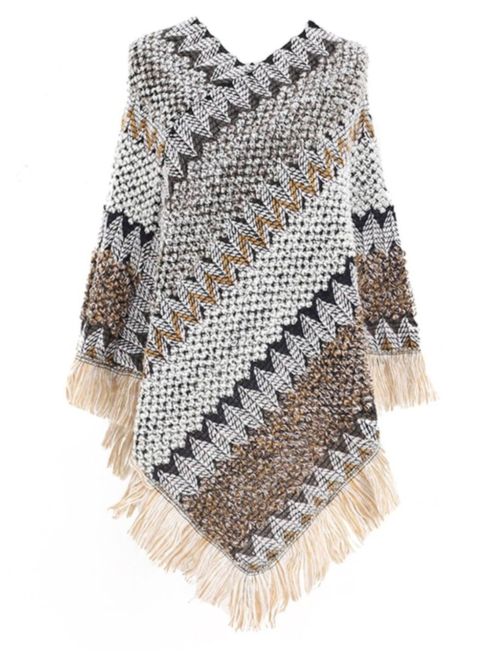 Women's Poncho Sweater Zig Zag Knit Mexican Poncho Wrap Fall Hippie Soft Fringe